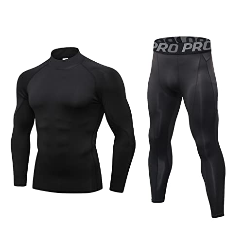 LNFINTDO Herren-Thermounterwäsche-Set, langärmelig, Rollkragen, Baselayer, Oberteil und lange Unterhose für Workout, Skifahren, Laufen, Wandern, Schwarze Linie, L von LNFINTDO