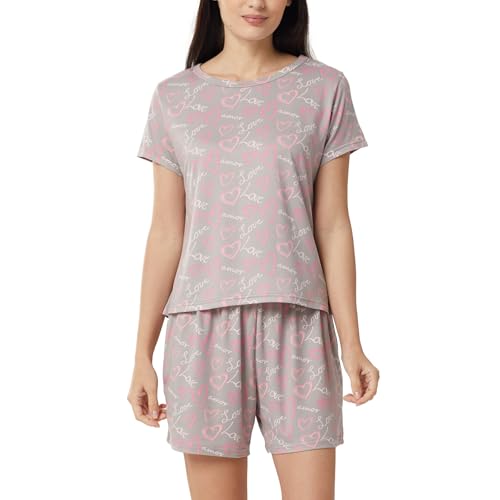 LNFINTDO Schlafanzug Damen Kurz Zweiteiliger Pyjama Set Kurzarm Rundhals Nachtwäsche und Herz Print Pyjamahose Kuschelig Sleepwear Hausanzug Shorty Loungewear für Sommer von LNFINTDO