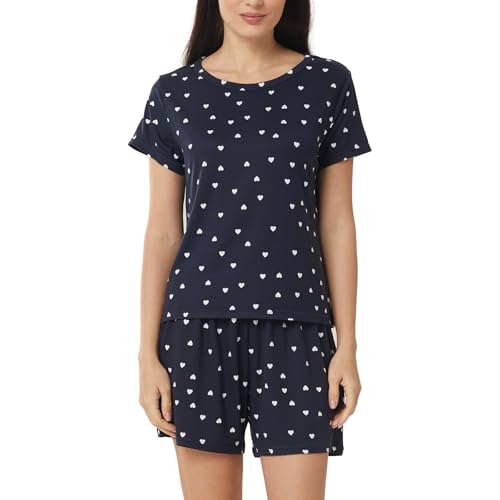 LNFINTDO Schlafanzug Damen Kurz Zweiteiliger Pyjama Set Kurzarm Rundhals Nachtwäsche und Herz Print Pyjamahose Kuschelig Sleepwear Hausanzug Shorty Loungewear für Sommer von LNFINTDO