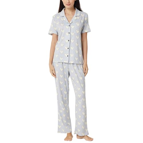 LNFINTDO Schlafanzug Damen Kurzarm Herz Print Pyjama Set mit Tasche Revers Schlafanzugoberteile und Lang Pyjamahose Zweiteiliger Nachtwäsche Set Kuschelig Hausanzug von LNFINTDO