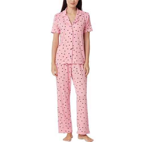 LNFINTDO Schlafanzug Damen Kurzarm Herz Print Pyjama Set mit Tasche Revers Schlafanzugoberteile und Lang Pyjamahose Zweiteiliger Nachtwäsche Set Kuschelig Hausanzug von LNFINTDO