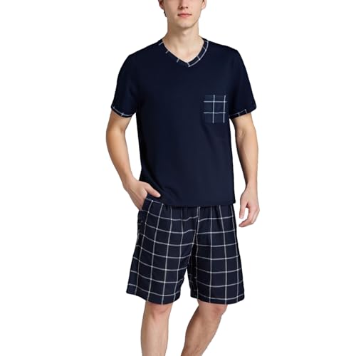 LNFINTDO Schlafanzug Herren Kurz Sommer Pyjama Set Kurzarm V-Ausschnitt T-Shirt und Karierte Schlafanzughose Hausanzug Sleepwear Nachtwäsche für Männer von LNFINTDO
