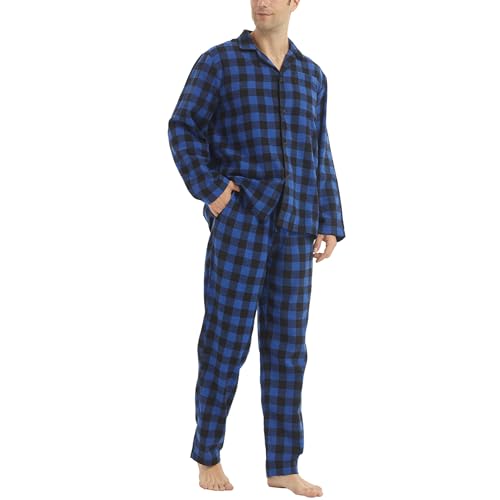 LNFINTDO Schlafanzug Herren Lang Baumwolle Winter Zweiteilige Kariert Pyjamas Flanell Pyjama mit Tasche Langarmshirt und Schlafanzughose für Männer von LNFINTDO