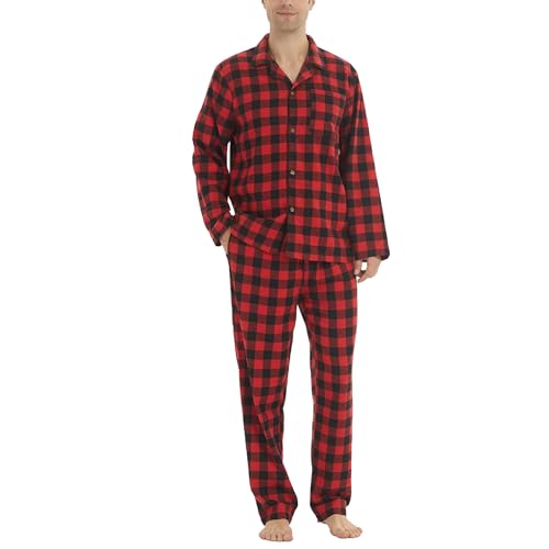LNFINTDO Schlafanzug Herren Lang Baumwolle Winter Zweiteilige Kariert Pyjamas Flanell Pyjama mit Tasche Langarmshirt und Schlafanzughose für Männer von LNFINTDO