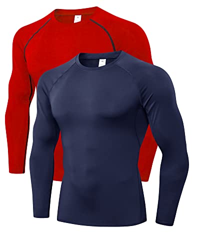 LNJLVI 2er Pack Herren Kompressionsshirt Langarm Funktions Shirt Sportshirt Laufshirt (Navy-Rot,M) von LNJLVI