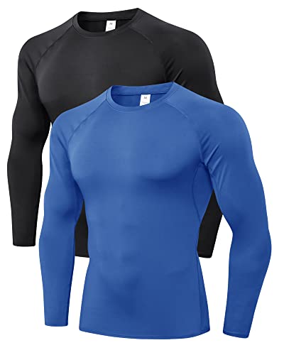 LNJLVI 2er Pack Herren Kompressionsshirt Langarm Funktions Shirt Sportshirt Laufshirt (Schwarz-Blau,M) von LNJLVI