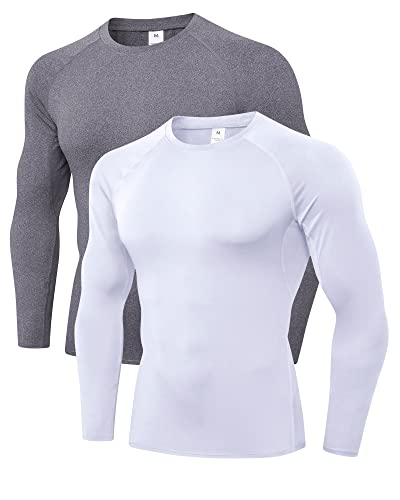 LNJLVI 2er Pack Herren Kompressionsshirt Langarm Funktions Shirt Sportshirt Laufshirt (Weiß-Grau,XL) von LNJLVI