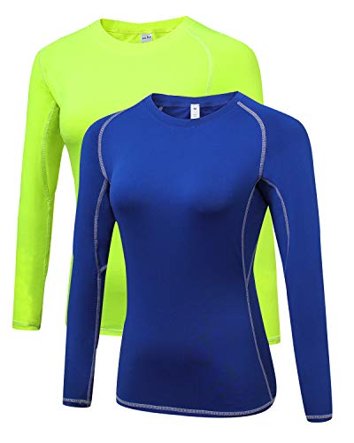 LNJLVI Damen 2er Pack Langarmshirt Activewear Atmungsaktiv T-Shirts Fitness Oberteil (Blau-Green,L) von LNJLVI