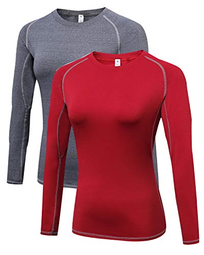 LNJLVI Damen 2er Pack Langarmshirt Activewear Atmungsaktiv T-Shirts Fitness Oberteil (Rot-Grau,S) von LNJLVI