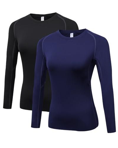 LNJLVI Damen 2er Pack Langarmshirt Activewear Atmungsaktiv T-Shirts Fitness Oberteil (Schwarz-Dark Blau,L) von LNJLVI