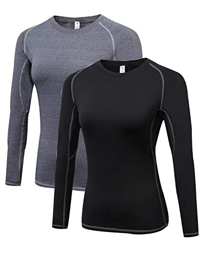 LNJLVI Damen 2er Pack Langarmshirt Activewear Atmungsaktiv T-Shirts Fitness Oberteil (Schwarz-Grau,L) von LNJLVI