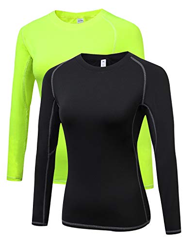 LNJLVI Damen 2er Pack Langarmshirt Activewear Atmungsaktiv T-Shirts Fitness Oberteil (Schwarz-Green,XL) von LNJLVI