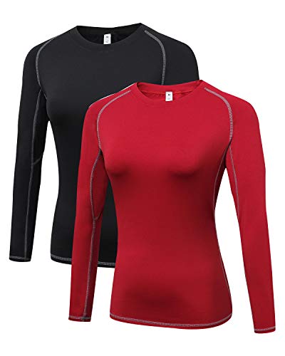 LNJLVI Damen 2er Pack Langarmshirt Activewear Atmungsaktiv T-Shirts Fitness Oberteil (Schwarz-Rot,L) von LNJLVI