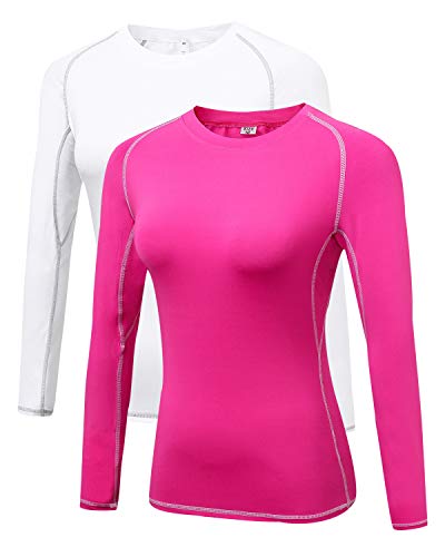 LNJLVI Damen 2er Pack Langarmshirt Activewear Atmungsaktiv T-Shirts Fitness Oberteil (Weiß-Rosa,L) von LNJLVI