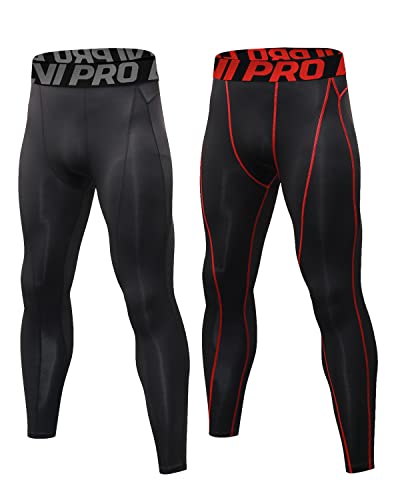 LNJLVI Herren Kompressionshose Laufhose lang Sporthose Leggings Funktionshose (Schwarz-Rot,L) von LNJLVI