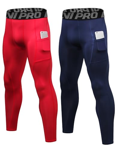 LNJLVI Kompressionshose Herren Sport Leggings Atmungsaktive Trainingshose für Jogging Fitnessstudio Laufen (Navy-Rot,M) von LNJLVI