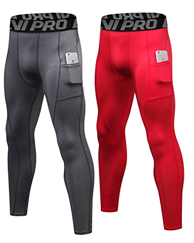 LNJLVI Kompressionshose Herren Sport Leggings Atmungsaktive Trainingshose für Jogging Fitnessstudio Laufen (Rot-Grau,XL) von LNJLVI