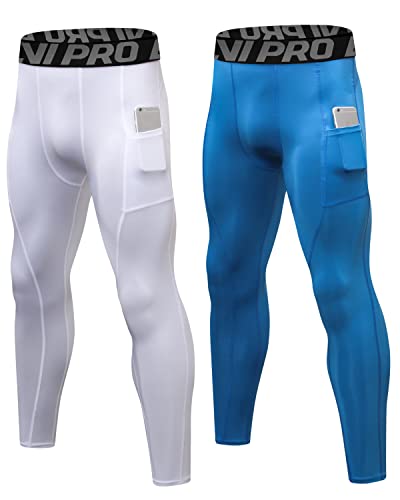 LNJLVI Kompressionshose Herren Sport Leggings Atmungsaktive Trainingshose für Jogging Fitnessstudio Laufen (Weiß-Blau,L) von LNJLVI