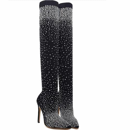 LNJZMDSS Oberschenkel-Sockenstiefel, Damen-Overknee-High-Heel-Slip-Ons Mit Spitzer Zehenpartie, Stretch-Mesh-Strümpfe, Oberschenkelhohe Stiefel, Sexy Glitzernde Stiefeletten,001,38 EU von LNJZMDSS