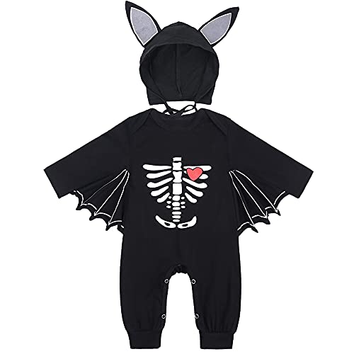 LNL Baby Halloween Kostüm Fledermaus mit Big Ear Hut Meine ersten Halloween Outfits Unisex Baby Strampler 2 Stück 3-6 Monate Schwarz von LNL