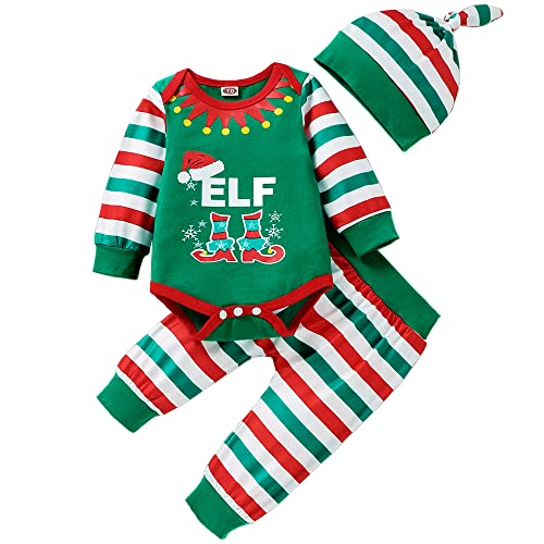 LNL Baby Jungen Elfenkostüme Baby Jungen Mädchen Weihnachtsoutfits Elfenstiefel Strampler mit gestreifter Hose & Hut 3er Set Grüne Outfits 6-12 Monate von LNL