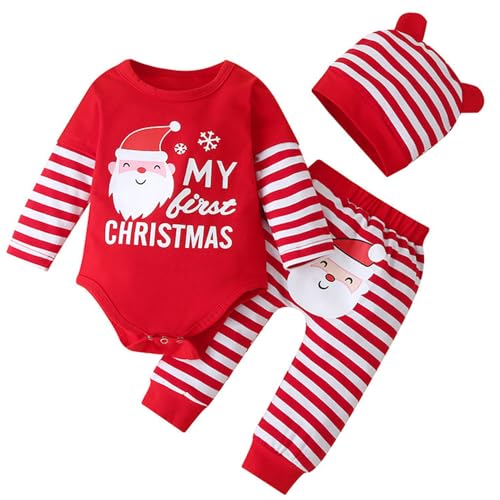 LNL Baby Jungen Mädchen Weihnachten Outfits Meine ersten Weihnachtskostüme Langarm Strampler +Santa Claus gemusterte Hosen für Hut 3PCS 6-12 Monate von LNL