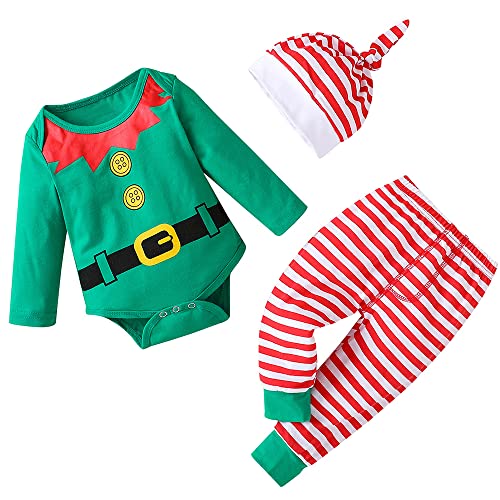 LNL Baby Weihnachtsoutfits Jungen Mädchen Elfenkostüme Langarm Romper mit gestreiften Hosen & Hut Grüne Outfits Weihnachtselfe 6-9 Monate von LNL