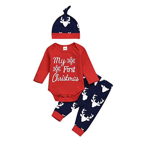 LNL Baby Weihnachtsoutfits Jungen Mädchen Mein erstes Weihnachtskostüme Langarm Rot Plaid Strampler + Weihnachtselch Hosen + Hut 3 Stück 9-18 Monate von LNL