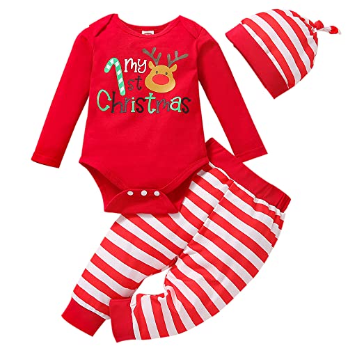 LNL Baby-Weihnachtsoutfits für Jungen und Mädchen meine ersten Weihnachtskostüme Langarm roter Strampler + rote Streifenhose + Mütze 3-teiliges Set 3-6 Monate von LNL