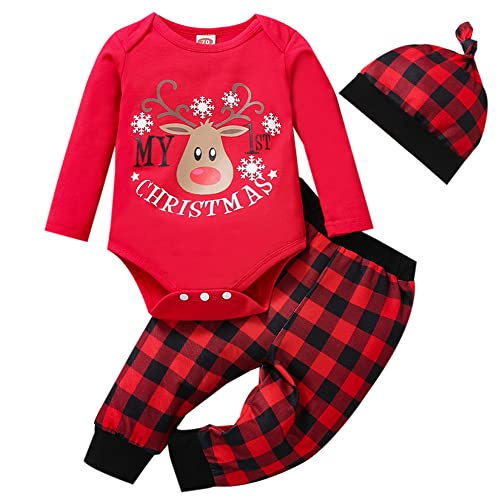 LNL Baby-Weihnachtsoutfits für Jungen und Mädchen meine ersten Weihnachtskostüme Langarm roter Strampler + rote karierte Hose + Mütze 3-teiliges Set 9-12 Monate von LNL