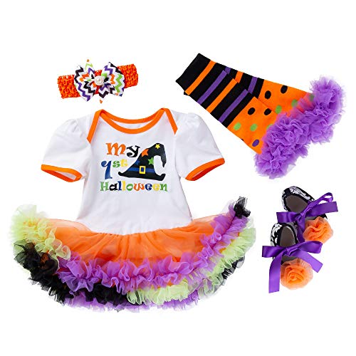 Halloween Kostüm Baby Mädchen Mein erstes Halloween Outfits Baby Strampler Tutu Rock Beinwärmer Schuhe Stirnband 4 Stück Set Weiß 59 von LNL