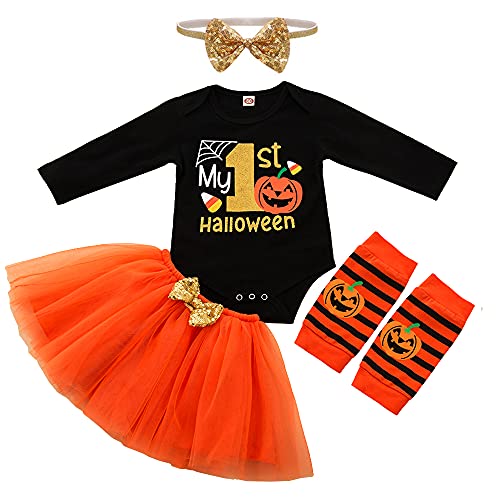 LNL Halloween Kostüm Baby Mädchen Mein erstes Halloween Outfits Kürbis Strampler Tutu Rock Beinwärmer Schuhe Stirnband 4 Stück Set Mehrfarbig 3-6 Monat von LNL