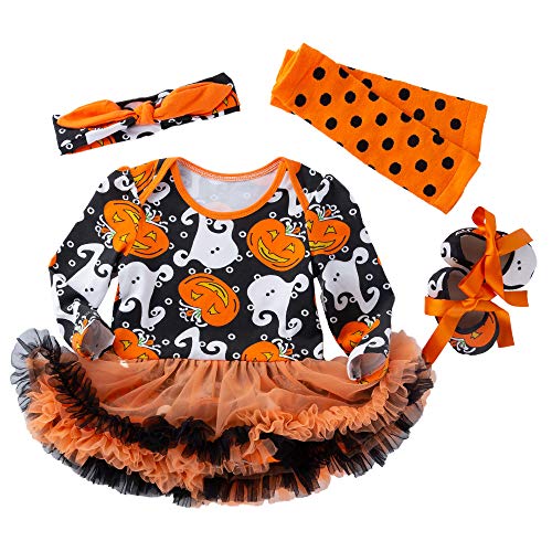 LNL Halloween Kostüme Baby Mädchen Kürbis Langarm Strampler Tutu Spitzenrock + Beinwärmer + Schuhe + Stirnband Kürbis 12-24 Monat von LNL