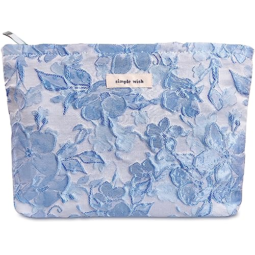 LNLV Ästhetische Make-up-Tasche, niedliche Kosmetiktasche für Frauen, großes Fassungsvermögen, florales Make-Up-Organizer-Tasche, Reise-Kulturbeutel, Hautpflege-Tasche, Blau geprägt, Große Kapazität von LNLV