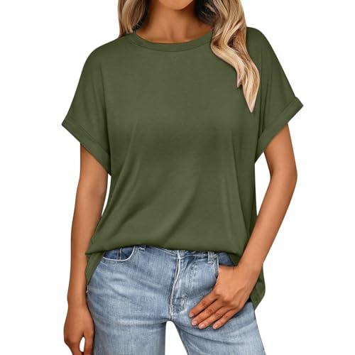 Bluse Damen Sommer Elegant Tshirt Einfarbig Kurzarm Tunika Lockere Shirt Rundhalsausschnitt Oberteile Bequeme T-Shirt Leichte Tops Longbluse Teenager Mädchen Blusenshirt Sportshirt Streetwear von LNNGNIA