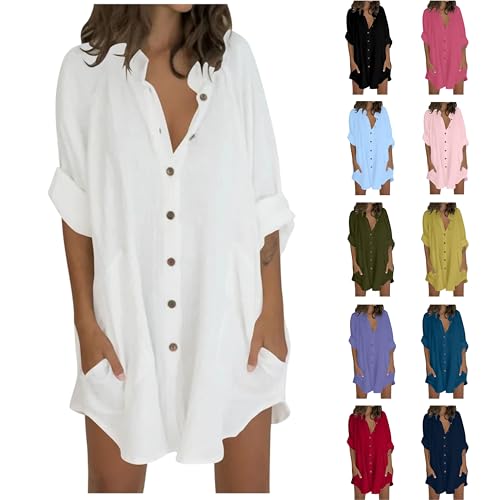 Blusen & Tuniken für Damen Leinenbluse Damen 3/4 Arm Shirt Oversize Hemd Musselin Bluse Sommer Loose Fit Oberteile Button Down Tops Baumwolle Leinen T-Shirt Leichte Atmungsaktive Leinenhemd von LNNGNIA