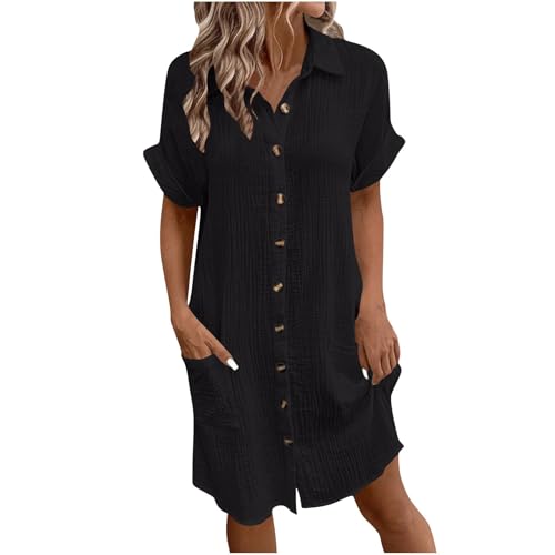 Blusenkleid Damen Musselin Kleid Leinen Sommerkleid V-Ausschnitt Knöpfen Leinenkleider Leichte Strandkleider Sommer Kleider Elegant Lockere Shirtkleid Kurzarm Hemdkleid Einfarbig Freizeitkleid von LNNGNIA