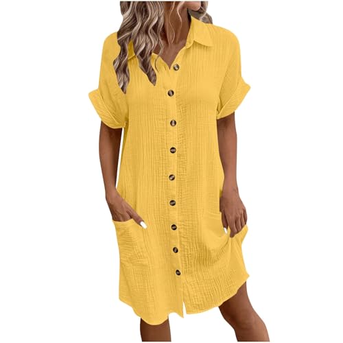 Blusenkleid Damen Musselin Kleid Leinen Sommerkleid V-Ausschnitt Knöpfen Leinenkleider Leichte Strandkleider Sommer Kleider Elegant Lockere Shirtkleid Kurzarm Hemdkleid Einfarbig Freizeitkleid von LNNGNIA