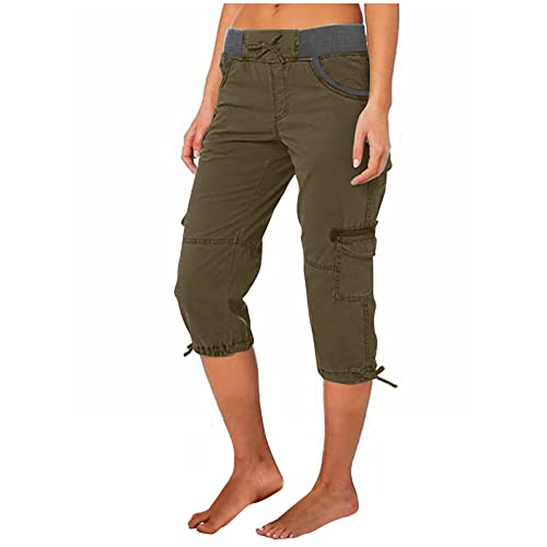 Cargohose Damen Sommer Knielang Cargo Shorts 3/4 Arbeitshose Regular Fit Sommerhose Einfarbig Caprihose Baumwolle Hose Hohe Taille Freizeithose Elastisch Sporthose Jogginghose Stoffhose mit Taschen von LNNGNIA