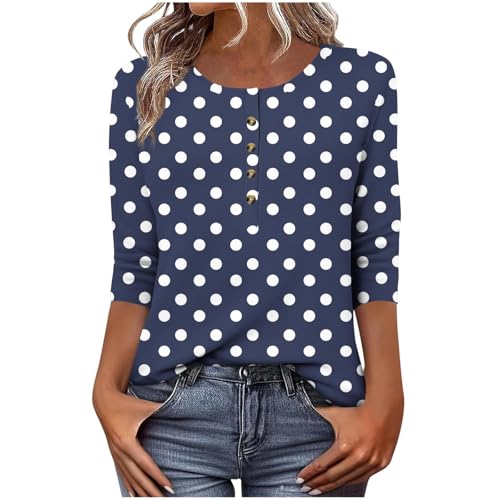 Die Discounter Damen Punkte Oberteil Rundhals Vintage Polka Dots Punkte 3/4 Arm Shirt Knopfleiste Bluse Große Größen von LNNGNIA