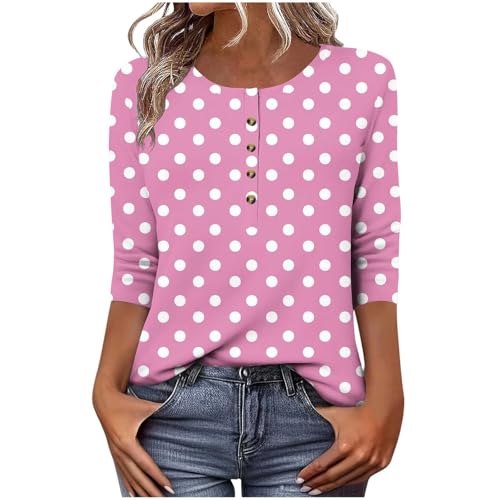 Die Discounter Damen Punkte Oberteil Rundhals Vintage Polka Dots Punkte 3/4 Arm Shirt Knopfleiste Bluse Große Größen von LNNGNIA
