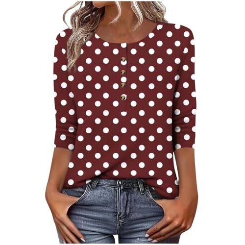 Die Discounter Damen Punkte Oberteil Rundhals Vintage Polka Dots Punkte 3/4 Arm Shirt Knopfleiste Bluse Große Größen von LNNGNIA