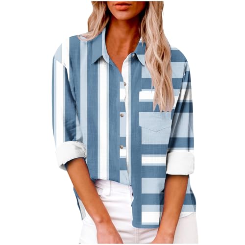 Die Discounter Musselin Bluse Damen Farbblock Hemd Revers Einreihiges T-Shirt Lockere Passform Oberteile Sommer Langarm Hemdbluse Dünne Atmungsaktive Shirt Große Größen Tops von LNNGNIA