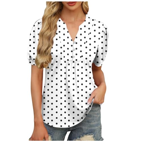 Die Discounter T-Shirt Damen V Ausschnitt Kurzarm Tshirt Basic Sommer Oberteile Knopfleiste Shirts Frauen Lockere Loose fit Elegant Tunika mit Polka Dots Pullover von LNNGNIA