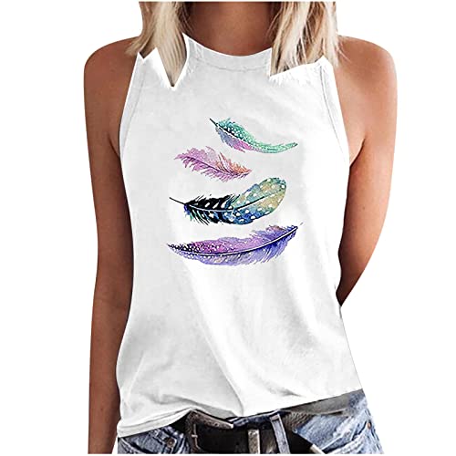 Die Discounter Tanktop Damen Sommer Tops Ärmellose Oberteile Leichte Tank Top Bunte Federdruck Bluse Lockere Shirt Rundhals Longshirt Neue Trägershirt Tanktops Frauen Casual Blusentop von LNNGNIA
