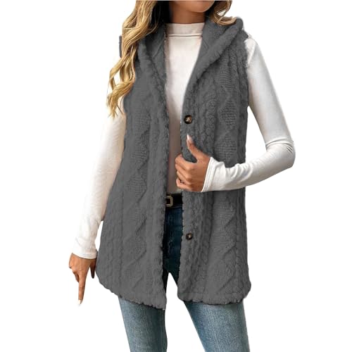 Fleeceweste Damen Winter Teddy Weste Lang Ärmellose Fleecejacke Hoody Damenweste Fleece Winterjacke Warm Kapuzenweste Einfarbig Übergangsjacke Knöpfen Westen Weich Plüschweste Casual Teddyjacke S-5XL von LNNGNIA