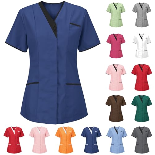 Kasack Damen Pflege Krankenpfleger Uniform V-Ausschnitt Tunika Medizinische Berufsbekleidung Kurzarm T-Shirt Einfarbig Arbeitskleidung Große Größen Tops Pflegebekleidung Leichte Altenpflege Kleidung von LNNGNIA