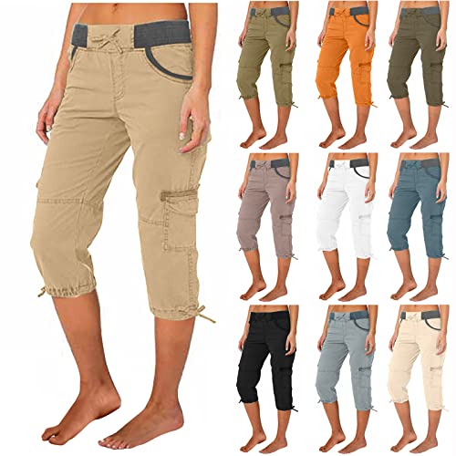 Klamotten Teenager Mädchen Caprihose Damen Sommer Knielang Cargohose 3/4 Cargo Shorts Regular Fit Arbeitshose Einfarbig Sommerhose Hohe Taille Freizeithose Baumwolle Hose Jogginghose Elastisch von LNNGNIA
