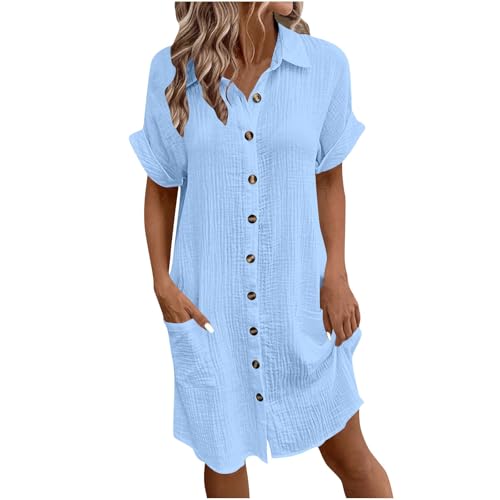 LNNGNIA Blusenkleid Damen Musselin Kleid Leinen Sommer Freizeitkleid Hemdblusenkleid Leicht und Luftig Knielang Sommerkleid Leinenkleid mit Taschen mit Knopfleiste Strandkleid Hemdkleid Shirtkleid von LNNGNIA
