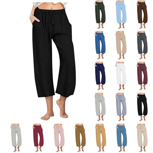 LNNGNIA Damen Leinen Sommerhose 3/4 Casual Leichte Baumwolle Leinenhose Luftige Locker Freizeithose Strandhose Weites Bein Hosen mit Taschen Einfarbig Caprihose Bequeme Stoffhose von LNNGNIA